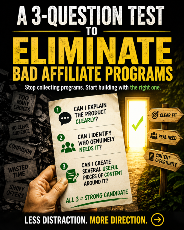 A three-question checklist for evaluating affiliate programs based on product clarity, audience need, and content opportunities.
