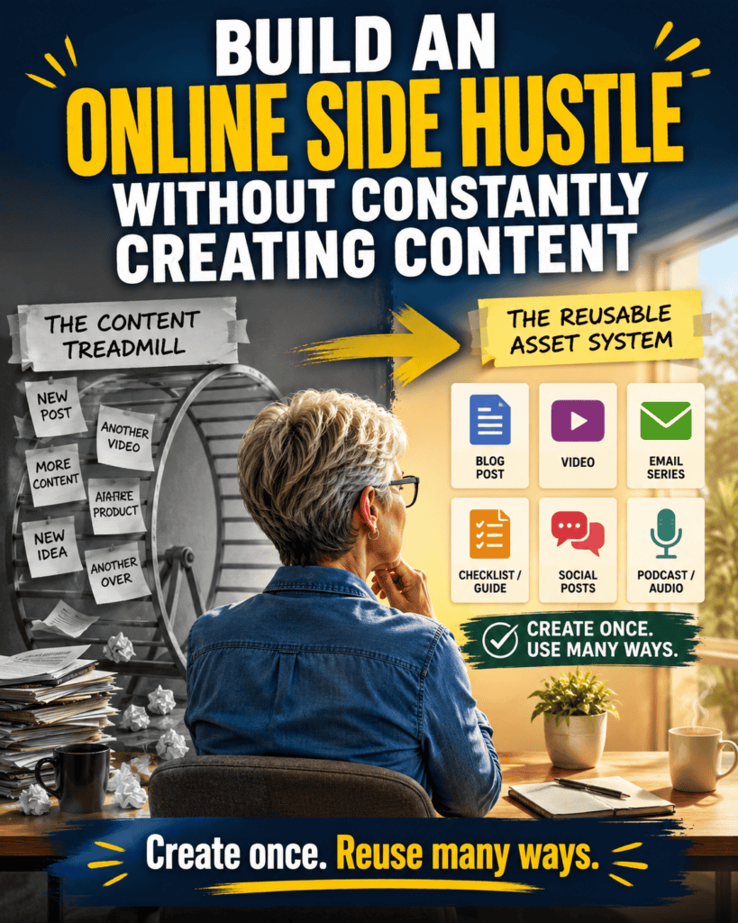 Older entrepreneur comparing a content treadmill with a reusable asset system for building an online side hustle without constantly creating new content.