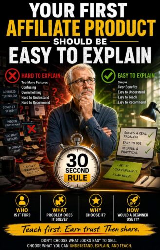 Older affiliate marketer choosing between a confusing product and an easy-to-explain product, highlighting the 30-Second Rule for choosing a first affiliate product.