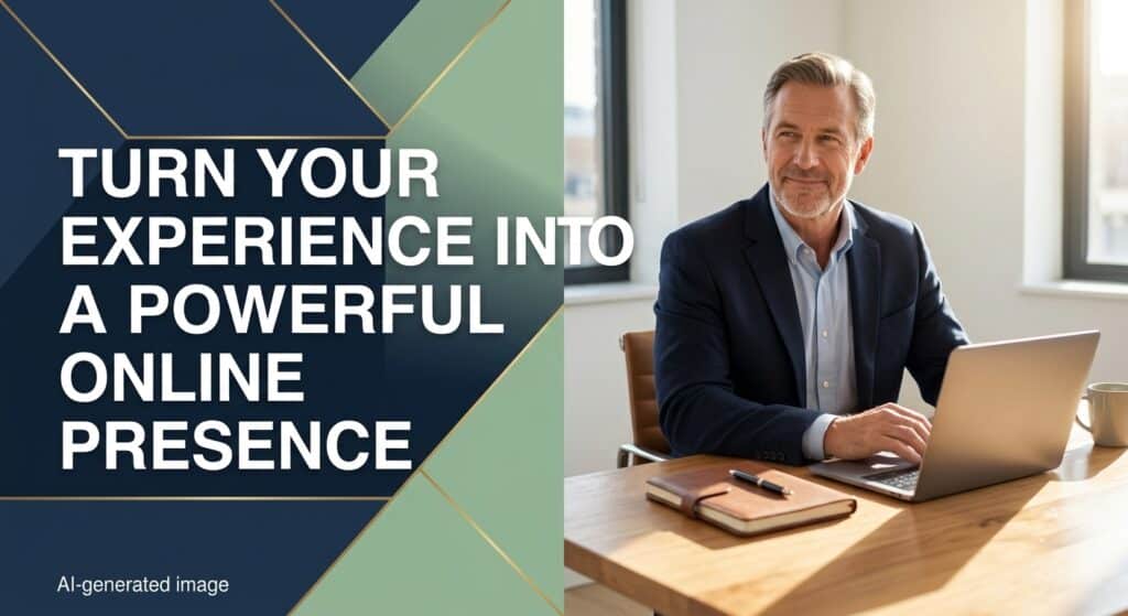 Mature professional working at a laptop in a sunlit home office using AI tools to build an online presence.