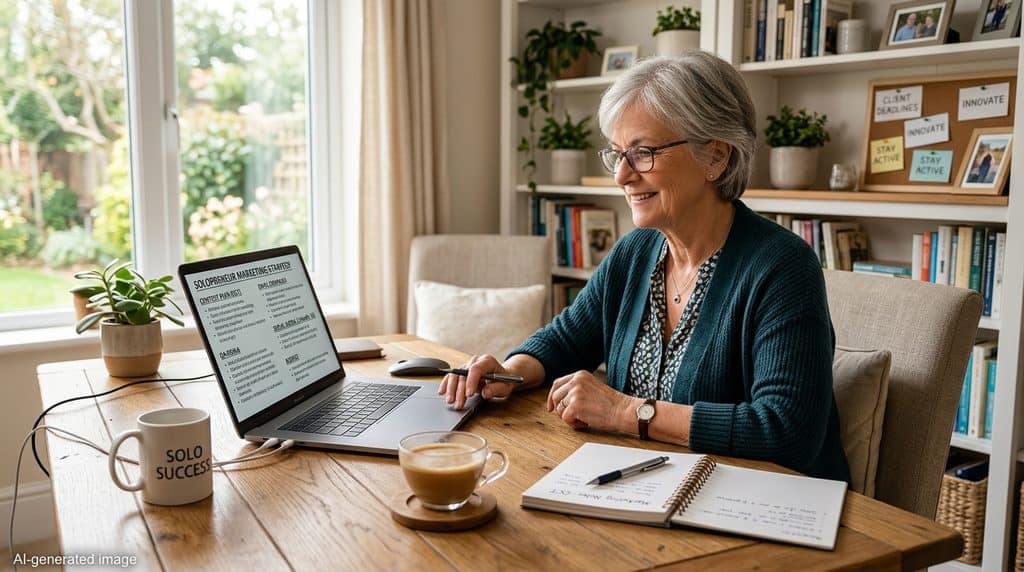A senior adult working at a clean laptop desk reviewing digital marketing notes.