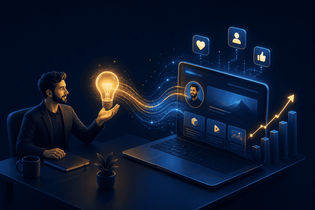 Professional holding a glowing lightbulb that transfers digital ideas into a laptop screen with social media icons and an upward growth chart.
