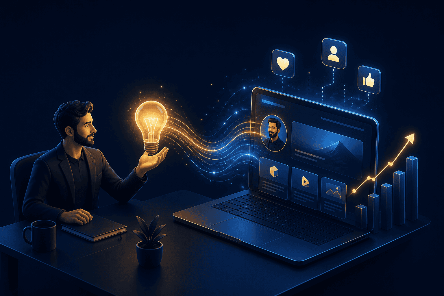 Professional holding a glowing lightbulb that transfers digital ideas into a laptop screen with social media icons and an upward growth chart.