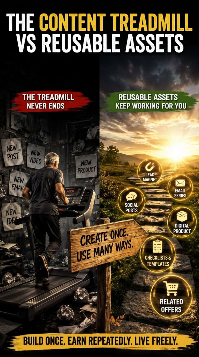 Split illustration contrasting an entrepreneur exhausted on a content treadmill with a sunlit path representing reusable business assets.