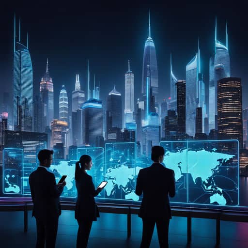 A futuristic cityscape at night illuminated by glowing neon lights and high-tech digital displays on modern skyscrapers.
