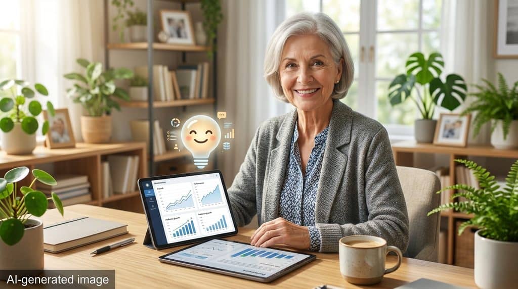 Senior businesswoman reviewing marketing analytics charts on a tablet with a glowing digital assistant icon.
