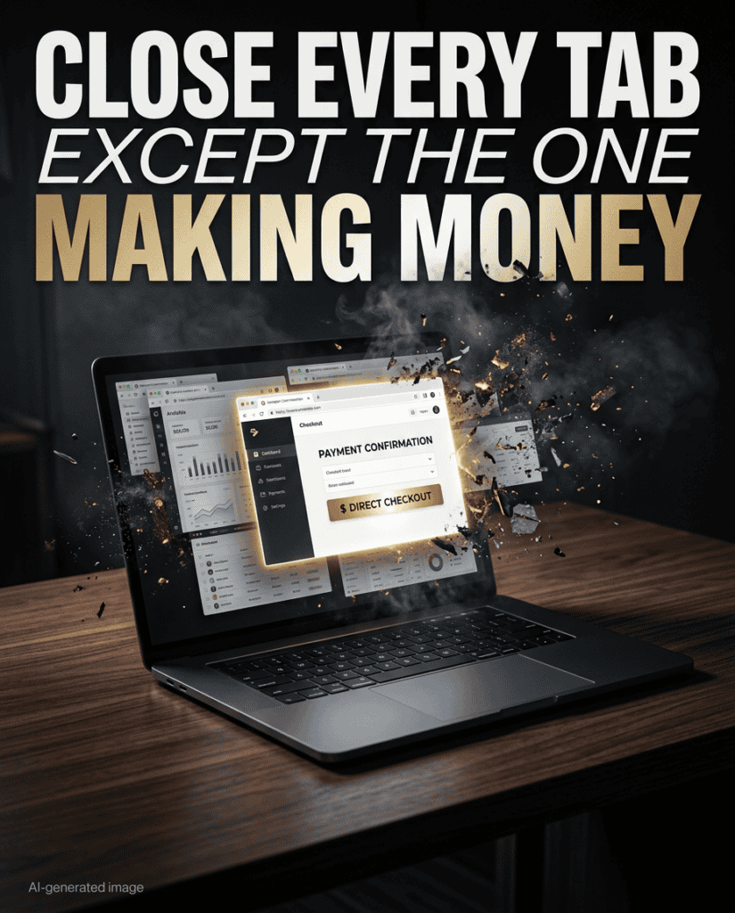 A focused laptop on a dark desk showing a single illuminated checkout window while dozens of distracting browser tabs shatter and dissolve into smoke.