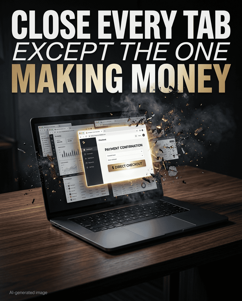 A focused laptop on a dark desk showing a single illuminated checkout window while dozens of distracting browser tabs shatter and dissolve into smoke.