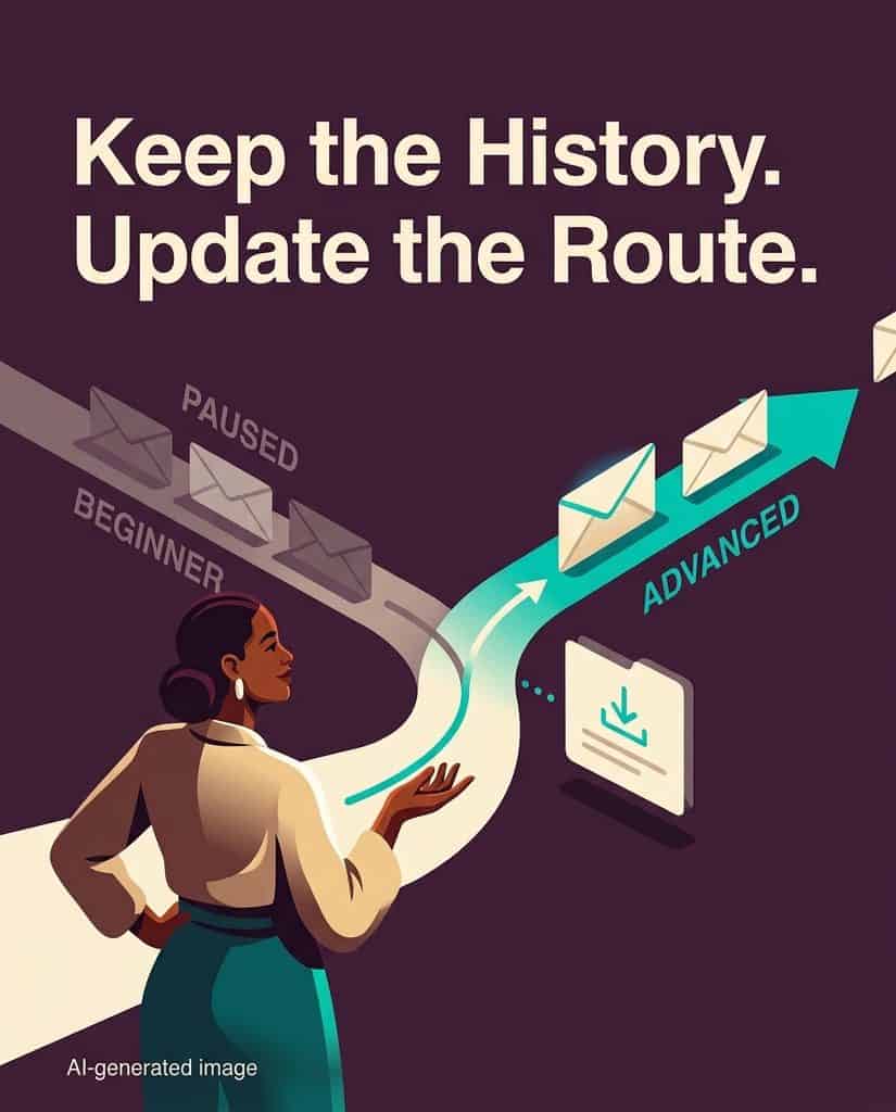 Illustration of a subscriber switching from beginner to advanced emails while her original download record is preserved.