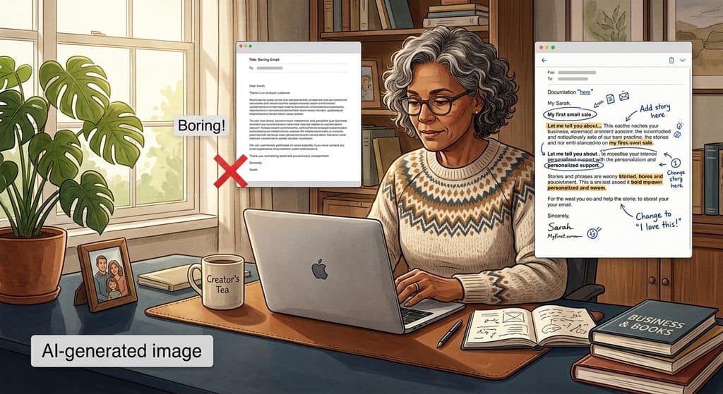 Mature woman edits a generic AI email into a personalized message with distinctive phrases, stories, and handwritten notes.