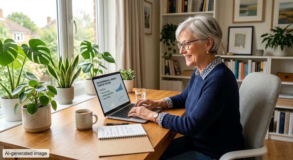 A smiling mature entrepreneur working on a laptop at a sunlit wooden desk with a notebook and coffee mug.