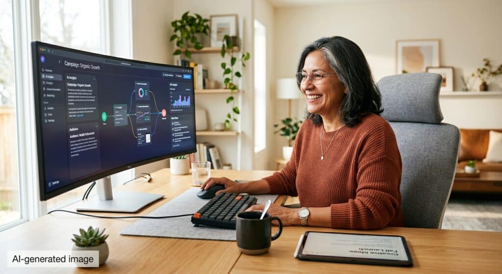 A Hispanic woman in her late 50s comfortably seated at a desk reviewing marketing ideas on an ultra-wide screen with modern AI tools.
