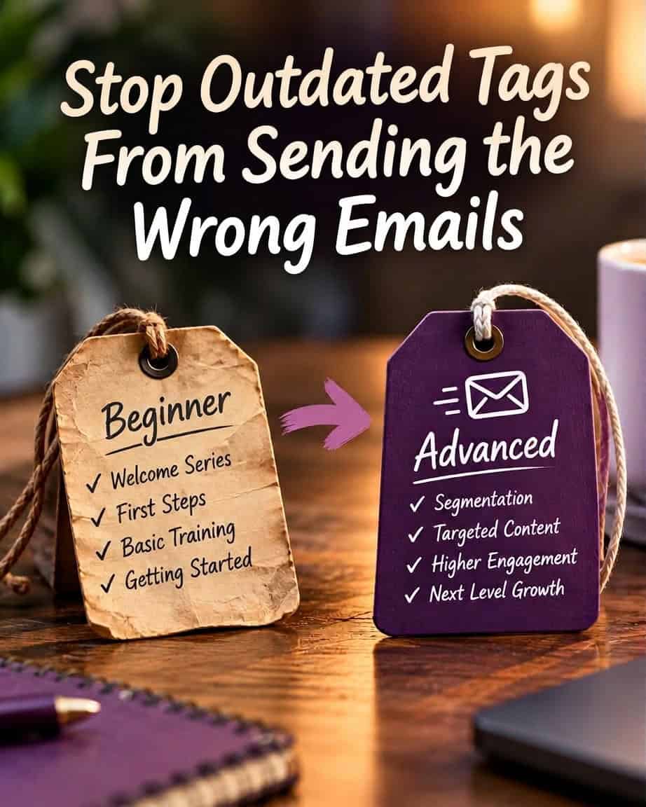 Beginner and advanced subscriber tags on a wooden desk, connected by an arrow beneath the headline “Stop Outdated Tags From Sending the Wrong Emails.