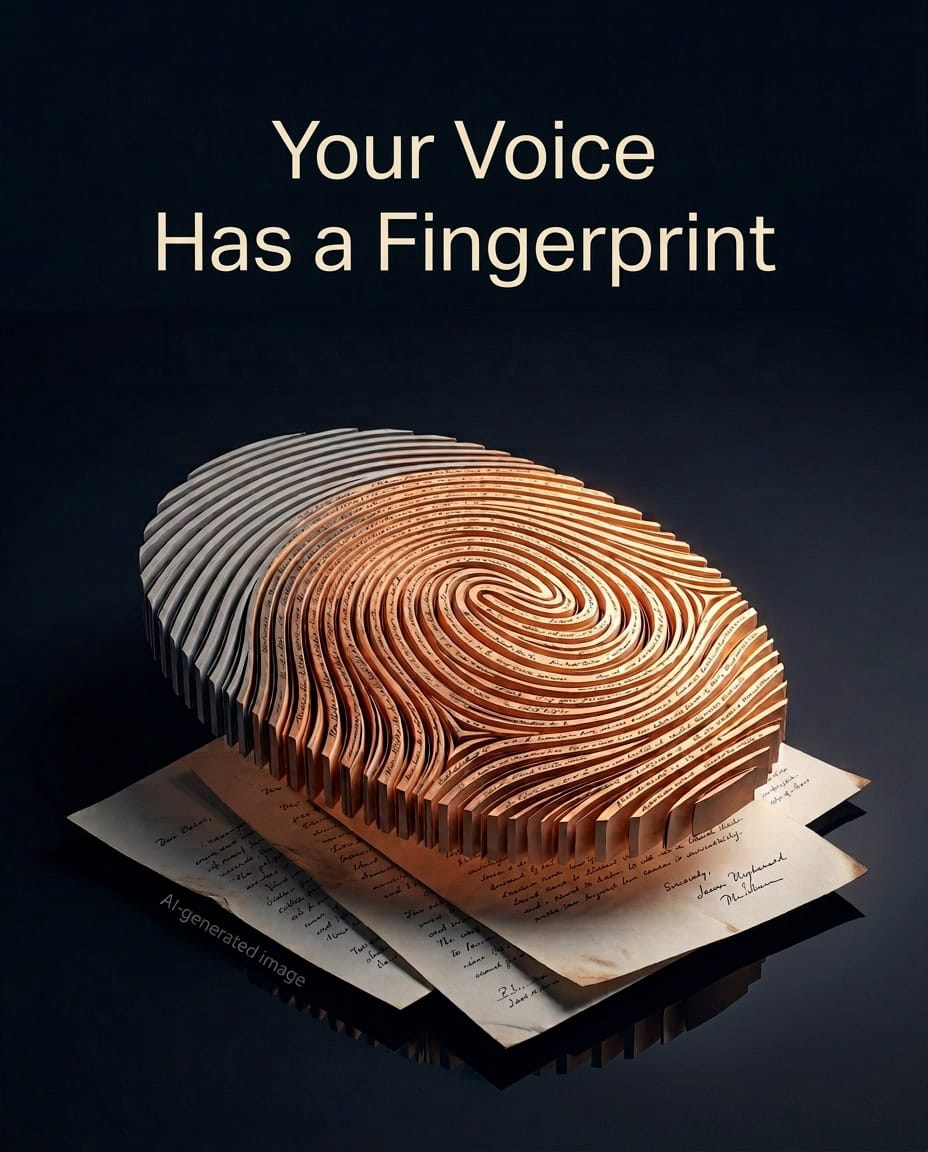Stylized fingerprint made from layered strips of handwritten pages beneath the title “Your Voice Has a Fingerprint."